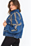 Women's Designer Denim Jacket with Stone Bead Embroidery Detail, Blue Stripe Pattern, Oversized Fit Bomber Coat