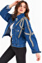 Women's Designer Denim Jacket with Stone Bead Embroidery Detail, Blue Stripe Pattern, Oversized Fit Bomber Coat - 5