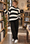 Black and White Striped Crew Neck Oversize Women's Knitwear Sweater - 2