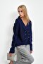 Navy Blue Double-Breasted Collar Buttoned Knit Cardigan - 5