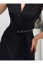 Double-Breasted Collar Pleated Belted Midi Dress Black - 4