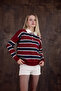 Burgundy Striped Polo Neck Buttoned Women's Knitwear Sweater - 3