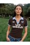 Crep Women's Los Angeles Printed Polo Collar Cotton Ribbed Short Sleeve Crop T-Shirt Slim Fit 100% Cotton