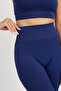 Navy Blue Non-Marking Gathered Seamless High Waist Sports Leggings - 2