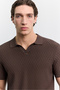 Men's Coffee Buttonless Polo Collar Full Jacquard Short Sleeve Regular Fit Sweater A62Y5060 - 2