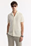Men's Ecru Apaj Collar Jacquard Linen Blend Short Sleeve Regular Fit Shirt A51Y2207 - 5