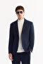 Men's Navy Blue Mono Collar Bi-Stretch Lightly Textured Blazer Comfort Slim Fit Jacket A52Y4013
