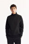 Men's Black Stand Collar Zippered Bi-Stretch Technical Fabric Regular Fit Sweatshirt A52Y1335
