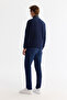 Men's Navy Blue Cold Resistant Zippered Stand Collar Fleece Regular Fit Sweatshirt A42Y1380 - 4