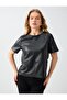 Black Round Neck Short Sleeve Leather Look Blouse - 3