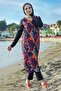 Women's Orange Digital Print Patterned Fully Covered Long Hijab Swimsuit Set of 2