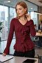 Women's Burgundy Collar Ruffled Sleeves Flounce Gathered Blouse Arm-26K001079 - 2