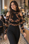 Women's Black-Beige Turtleneck Off-Shoulder Long Sleeve Blouse Arm-26K001061