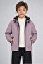 Boy's Plum Lined Water and Windproof Hooded Raincoat with Double Zipper Pockets - 2