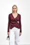 Burgundy Buckle Detailed Double-Breasted Collar Corded Fabric Blouse - 2