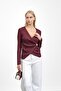 Burgundy Buckle Detailed Double-Breasted Collar Corded Fabric Blouse