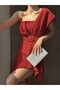 Stretchy Diver Fabric Shoulder Detail Design Belted Mini Evening Dress 582093 Bordo - 2