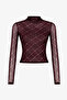 Dark Burgundy Turtleneck Plaid Transparent Long Sleeve Top - 2