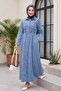 Denim Dress with Elastic Waist and Side Pockets - Ice Blue - 3