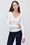Women's Lace Detailed V-Neck Ribbed Long Sleeve Blouse - 3