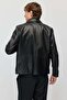 Men's Leather Coat with Zipper and Pocket - 4