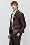 Men's Leather Coat with Zipper and Pocket - 3