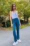 Blue Lycra Knitted Fabric High Waist Straight Cut Comfortable Form-Fitting Trousers with Front Stitching Detail