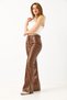 Tan Leather Look Comfortable Fit Pants with Elastic Waist, Slit Legs and Striped Detailing - 2