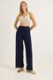Navy Blue Cotton Stretch Fabric High Waist Wide Leg Pleated Tie-Waist Trousers - 3