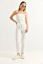 White Crepe Fabric Elastic Waist Lace-Up Striped Patterned Trousers