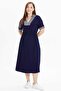 V-Neck Striped Navy Blue Standard Women's Dress 25Ysl7585-Bb - 3