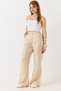 Beige Fabric Elastic Waist Flared Trousers with Double Buttons and Adjustable Detail