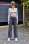 Gray Lycra Knitted Fabric High Waist Wide Cut Stitching Detailed Comfortable Fit Pants - 5