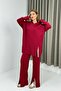Red Flexible Textured Slit-Cuff Detailed Oversize Wide-Cut Comfortable Fit Pants - 2