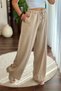 Cream Linen Textured Wide-Legged Pants with Elastic Waist, Comfortable Cut, and Striped Detail - 3