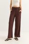 Brown Wrinkled Textured Elastic High Waist Comfortable Cut Vertical Striped Trousers - 4