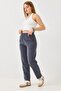 Anthracite Canvas Fabric High Waist Elastic Mom Cut Comfortable Fit Pants with Double Pockets on the Sides - 2