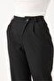 Black Woven Fabric High Waist Straight Cut Classic Trousers with Cross Button Detail - 4