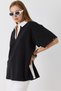 Black Two-Thread Fabric Polo Collar Short Sleeve Side Trimmed Relaxed Fit Knitted T-Shirt - 2