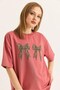 Dusty Rose Cotton Crew Neck Drop Shoulder Oversize T-Shirt with Leopard Ribbon Print Detail - 5