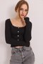 Black Cotton Square Collar Long Sleeve Knitted Blouse with Lace and Button Detail - 4