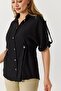Black Woven Fabric Shirt with Collar, Short Sleeves, Adjustable Waist, Button Detail, Relaxed Fit Shirt - 4