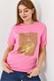 Pink Cotton Woven Crew Neck Short Sleeve Standard Cut Palm Tree Shiny Print T-Shirt - 4