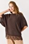 Brown Polyester Fabric Crew Neck Bat Sleeve Lace Detailed Comfortable Fit Blouse - 4