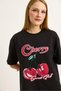 Black Cotton Crew Neck Short Sleeve Oversize Cut Cherry Printed Knitted T-Shirt - 4