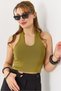 Green Stretchy Fabric Halter Neck U-Neck Slim Fit Sleeveless Modern Design Crop Blouse - 2