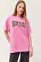Pink Cotton Crew Neck Drop Shoulder Oversize New York Printed Short Sleeve Knitted T-Shirt - 2