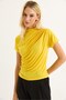 Yellow Stretchy Textured Crew Neck Short Sleeve Blouse with Gathered Side Detail and Comfortable Cut - 4