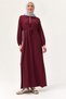 Burgundy Cotton Lycra Wrinkled Textured Shirt Collar Waist Tunnel Tie Detail Dress