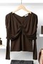 Brown Stretchy Textured V-Neck Long Sleeve Draped Top with Draped Detail Knitted Blouse